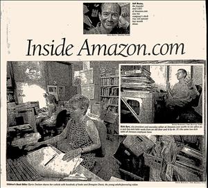A newspaper clipping with three images. One is a man resting his head against his fist, smiling. Another is a room full of books and papers with two people sitting at desks. Another is a man leaning back in this chair, gesturing with his hands in the air, in front of a desk covered in books and papers. The text says Inside Amazon dot com. 